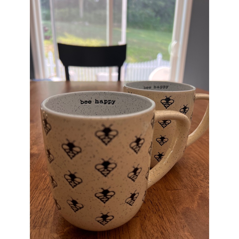 Hazel & Co Bee Happy Ceramic Coffee Mug Set of 2 Speckled Bumblebee Cream Black